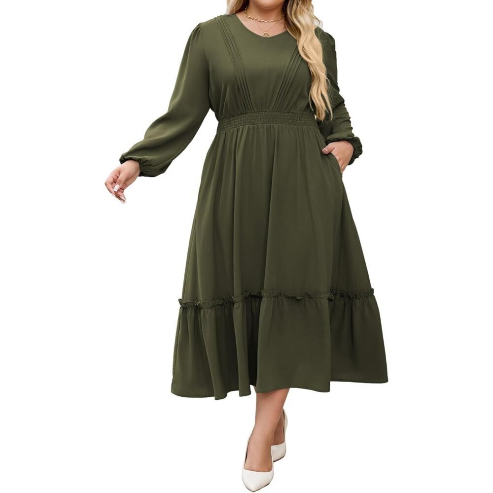 Women Plus Size Long Sleeve Casual Dress V Neck Pleated Flowy Maxi